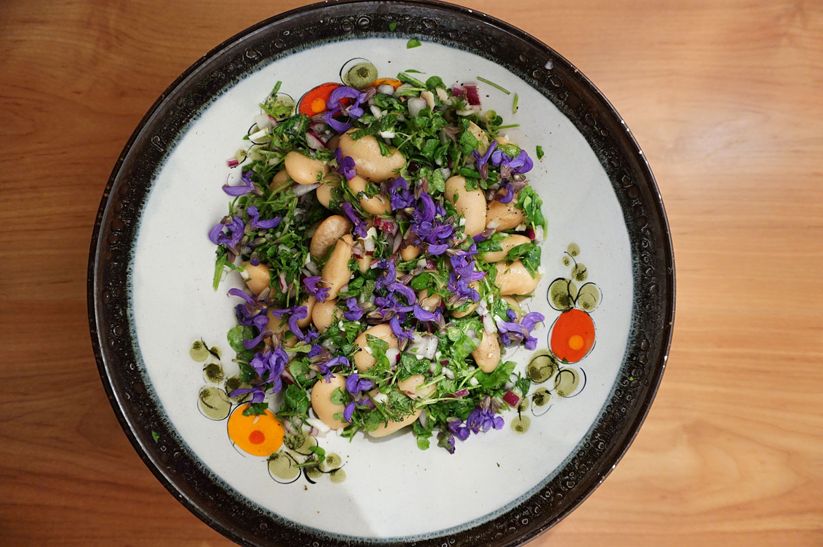 Wildkräuter-Salat mit Riesenbohnen und Wiesensalbei-Blüten